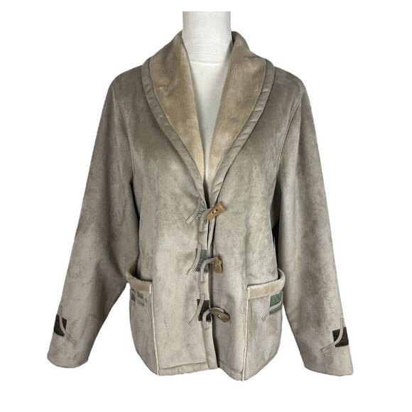 Icelandic Design Beige Suede Jacket Toggle Buttons Faux Fur Overcoat Size XL - Picture 1 of 9